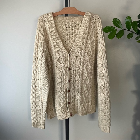 Vintage Sweaters - Vintage Hand Made Irish Aran Wool Fisherman Cardigan Sweater Icelandic Cream